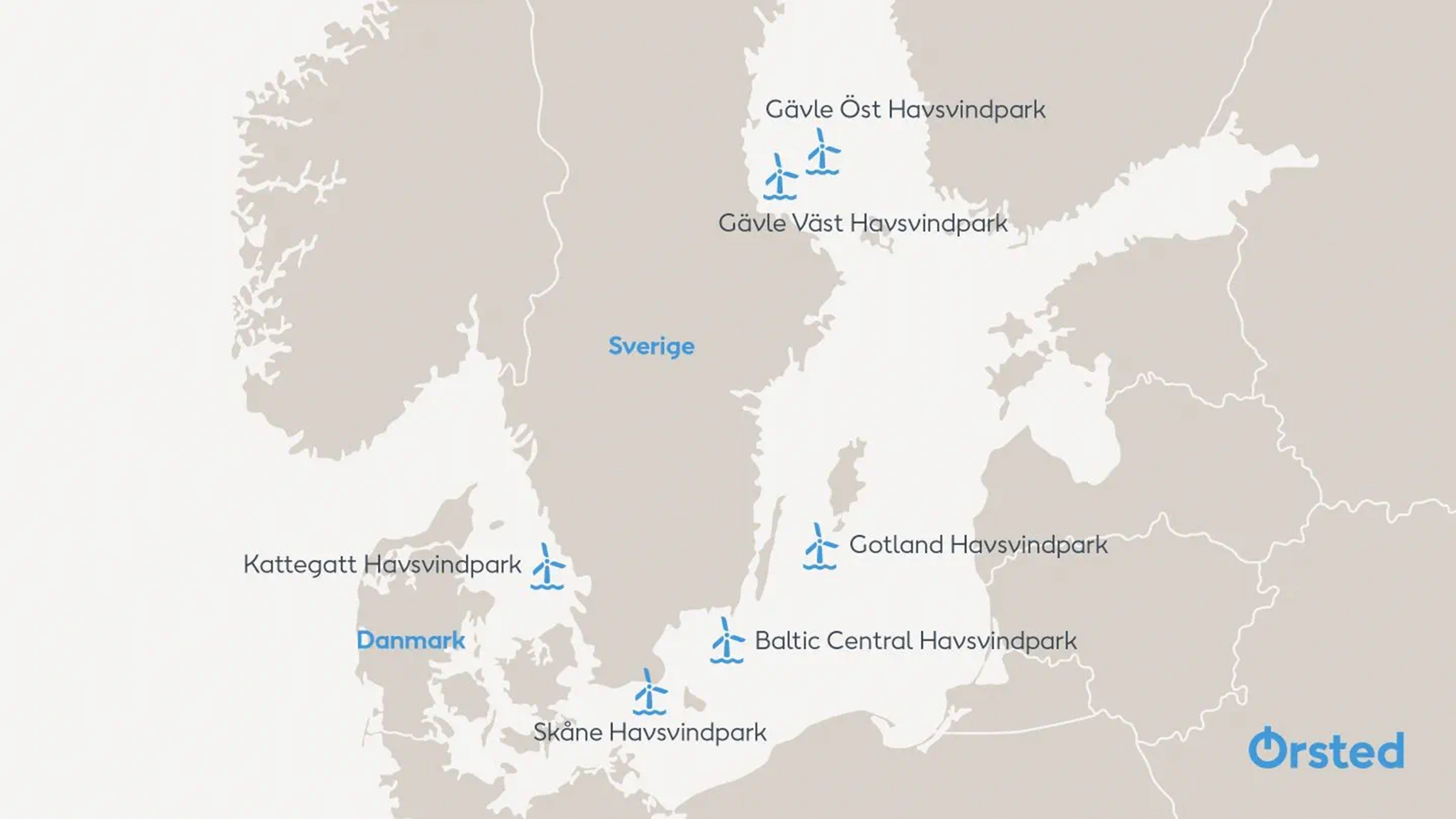 Ørsteds planerade vindkraftsprojekt runt Sveriges kuster. Karta: Ørsted.