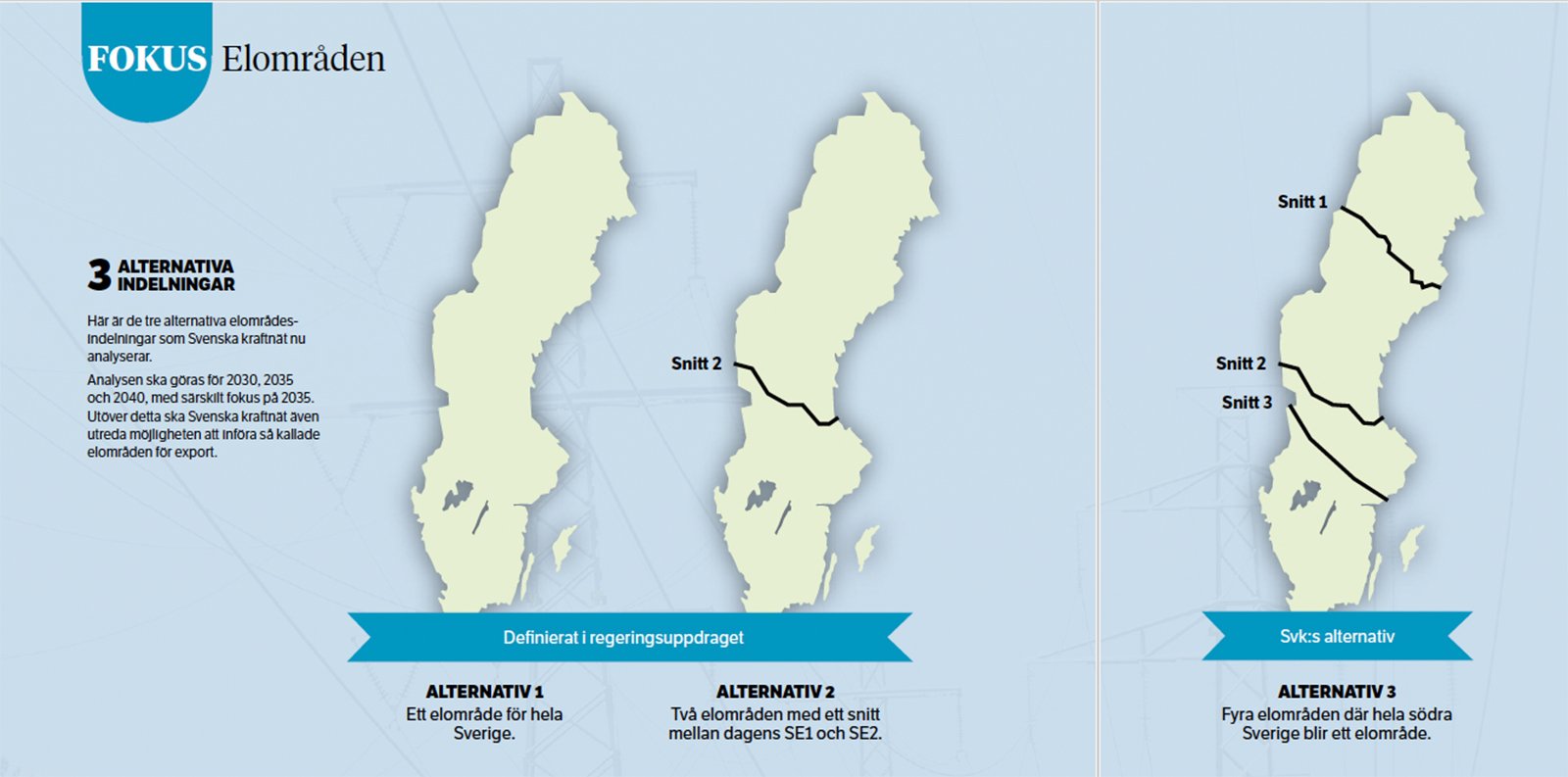 De tre alternativa elomr&aring;desindelningar som Svk utreder. Grafik: Svk.
