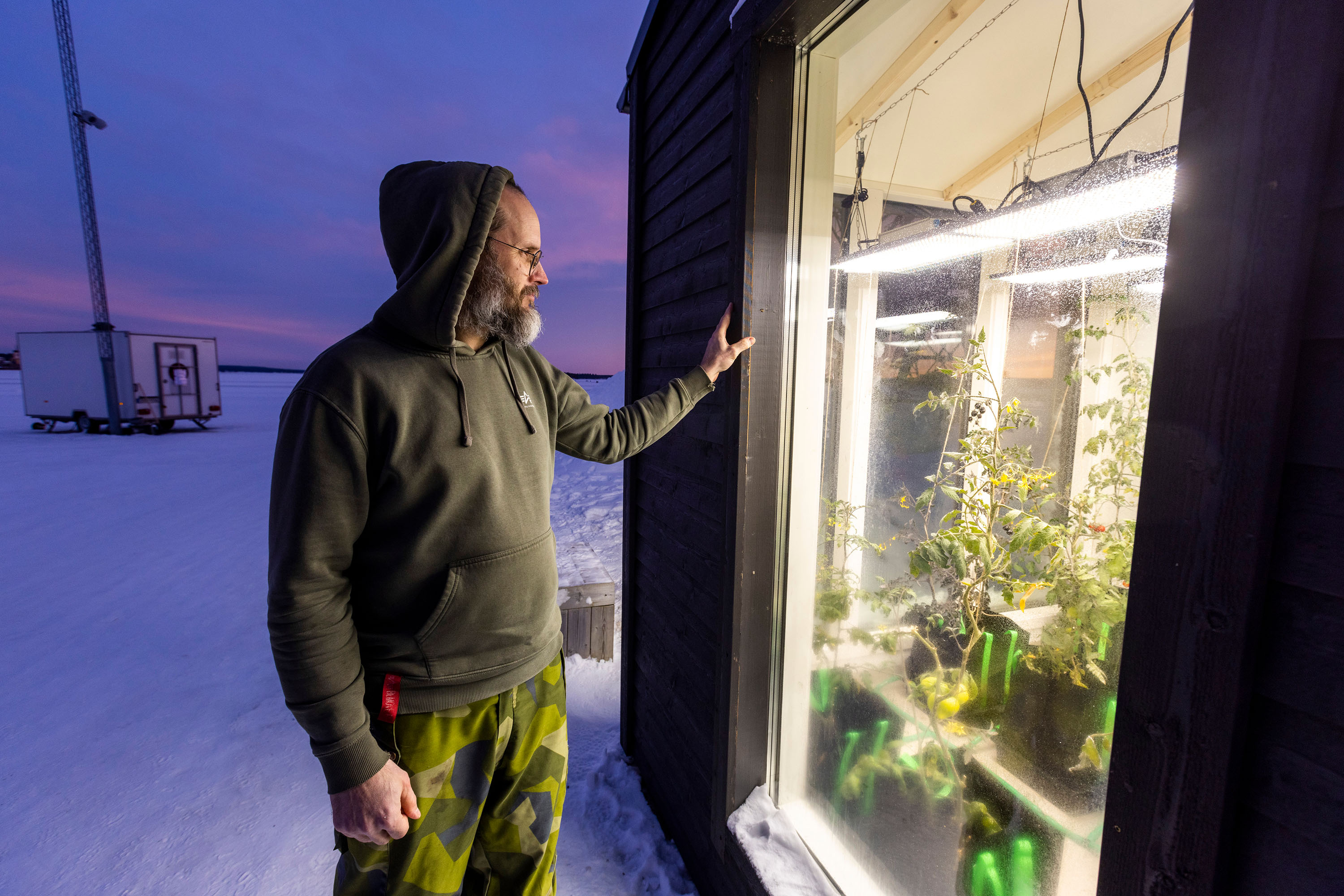 – Det är viktigt att temperaturen är så jämn som möjligt för att tomaterna ska må bra, säger Josef Esberg, odlingsansvarig i växthuset.  Foto: Pär Bäckström.