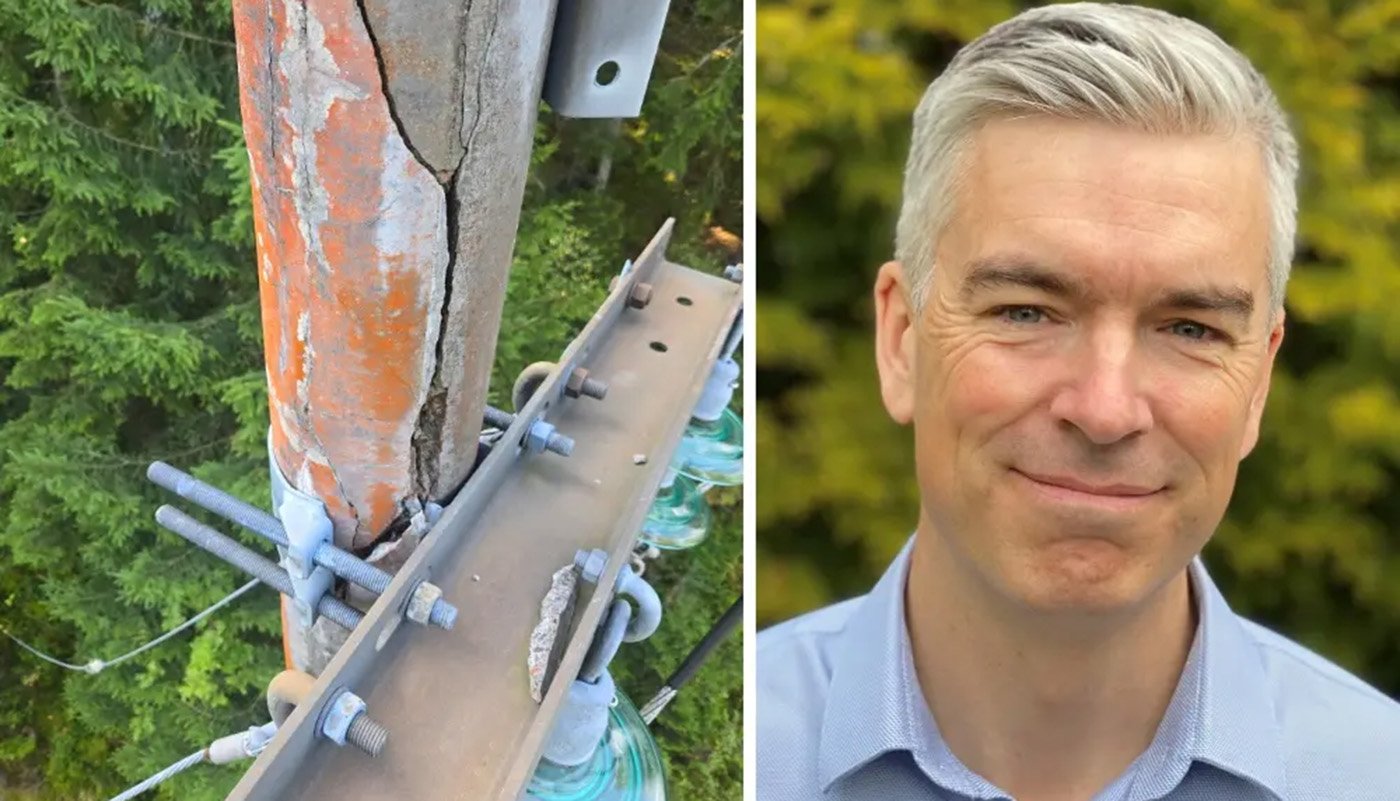 Det g&auml;ller att h&aring;lla koll p&aring; betongstolparna. T h: forskaren Tommie Lindquist p&aring; Rise. Foto: Energiforsk.