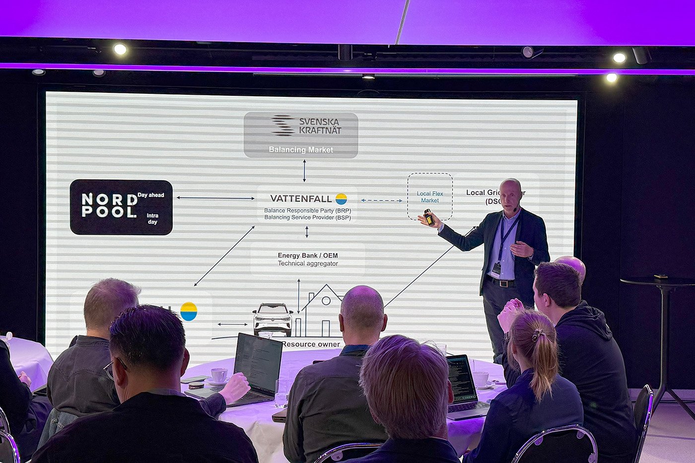 Magnus Berg fr&aring;n Vattenfall f&ouml;rklarar hur elen fr&aring;n elbilsbatterierna ska hanteras under onsdagens event. Foto: Volkswagen.