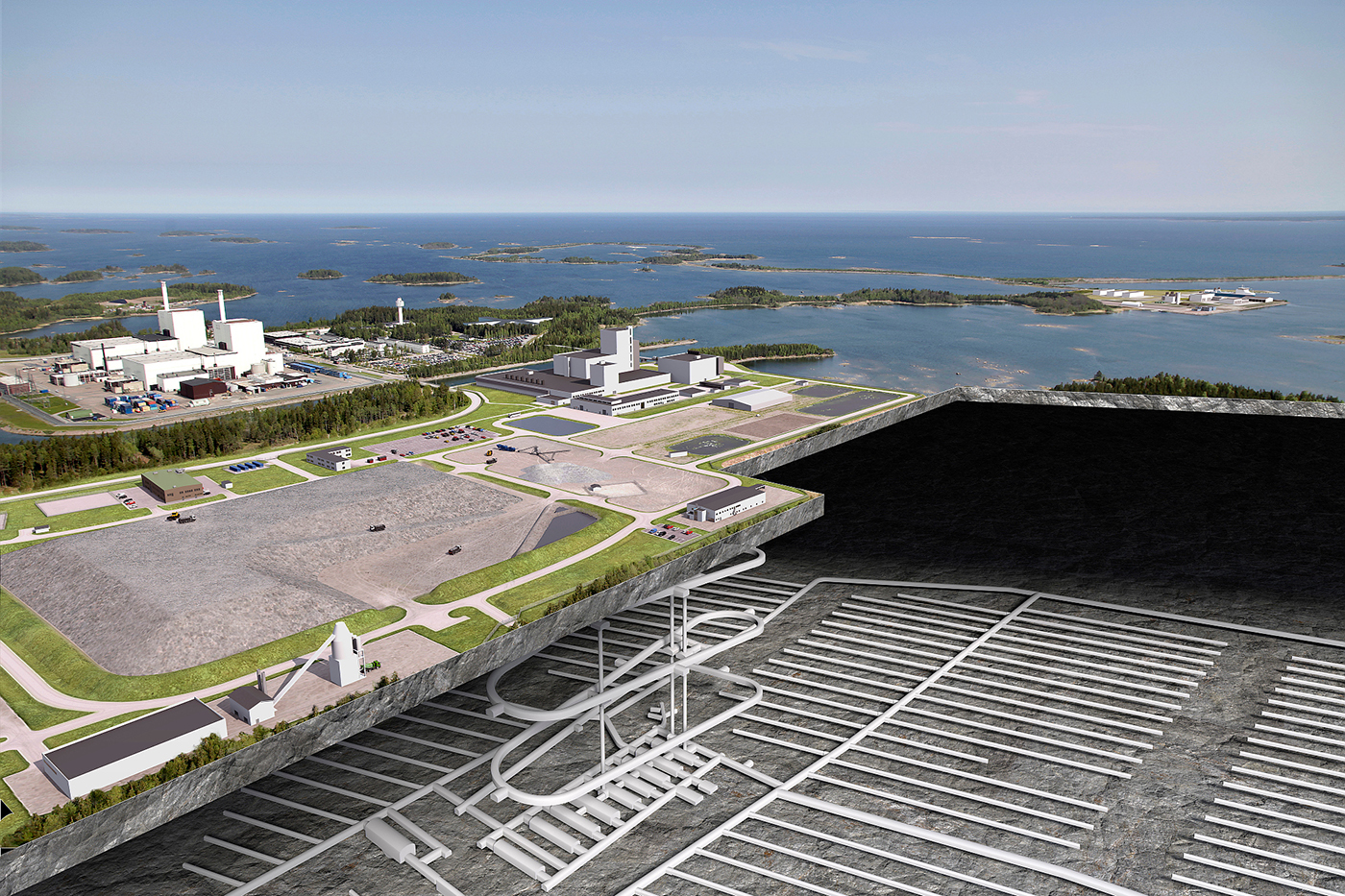 Fotomontage av kärnbränsleförvaret. Kopparkapslarna med använt kärnbränsle ska placeras 500 meter under jord i ett tunnelsystem med en total längd på 6 mil.