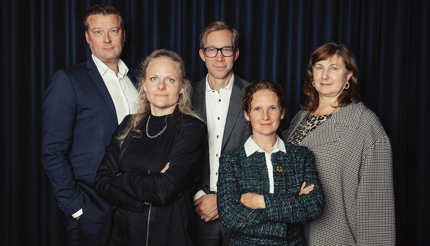 Den tunga juryn som plockat ut årets mest klimatsmarta innovationer, fr v: Johan Lindehag, vd Ellevio, Johanna Mossberg, Rise, Stefan Krook, entreprenör, Jane Walerud, affärsängel samt Lina Tjernberg, professor KTH.