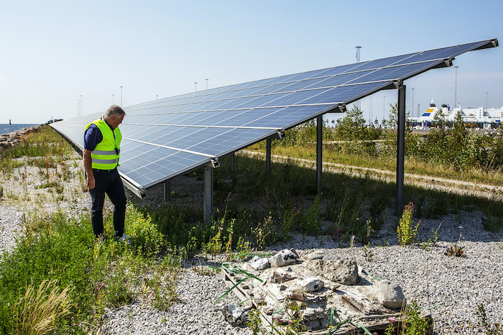 Jörgen Nilsson, vd för Trelleborgs hamn, inspekterar solcellspaneler i hamnen.