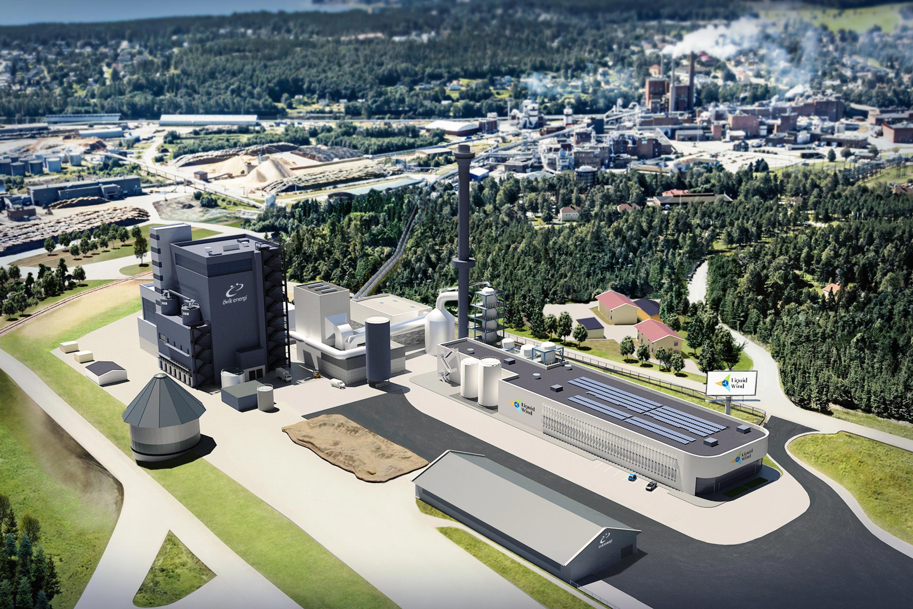 Montagebild av Örsteds anläggning i Örnsköldsvik där man ska producera elektrometanol, med vätgas som bas. Örsted övertog anläggningen i december 2022 från Liquid Wind. Montagebild: Uniper