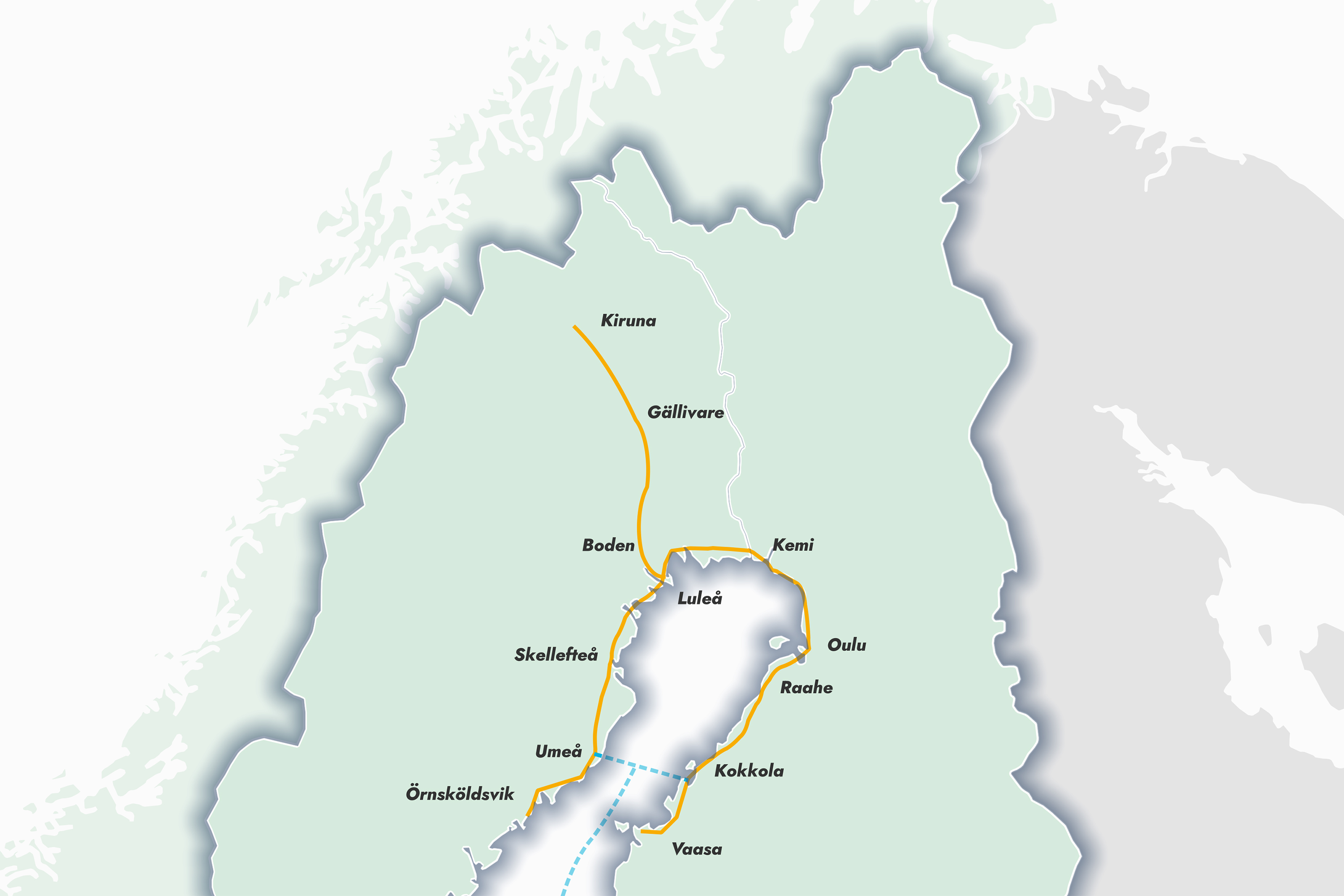 Planen för Nordic Hydrogen Route som syftar till att bygga upp en vätgasledning mellan Sverige och Finland. Grafik: Nordion.